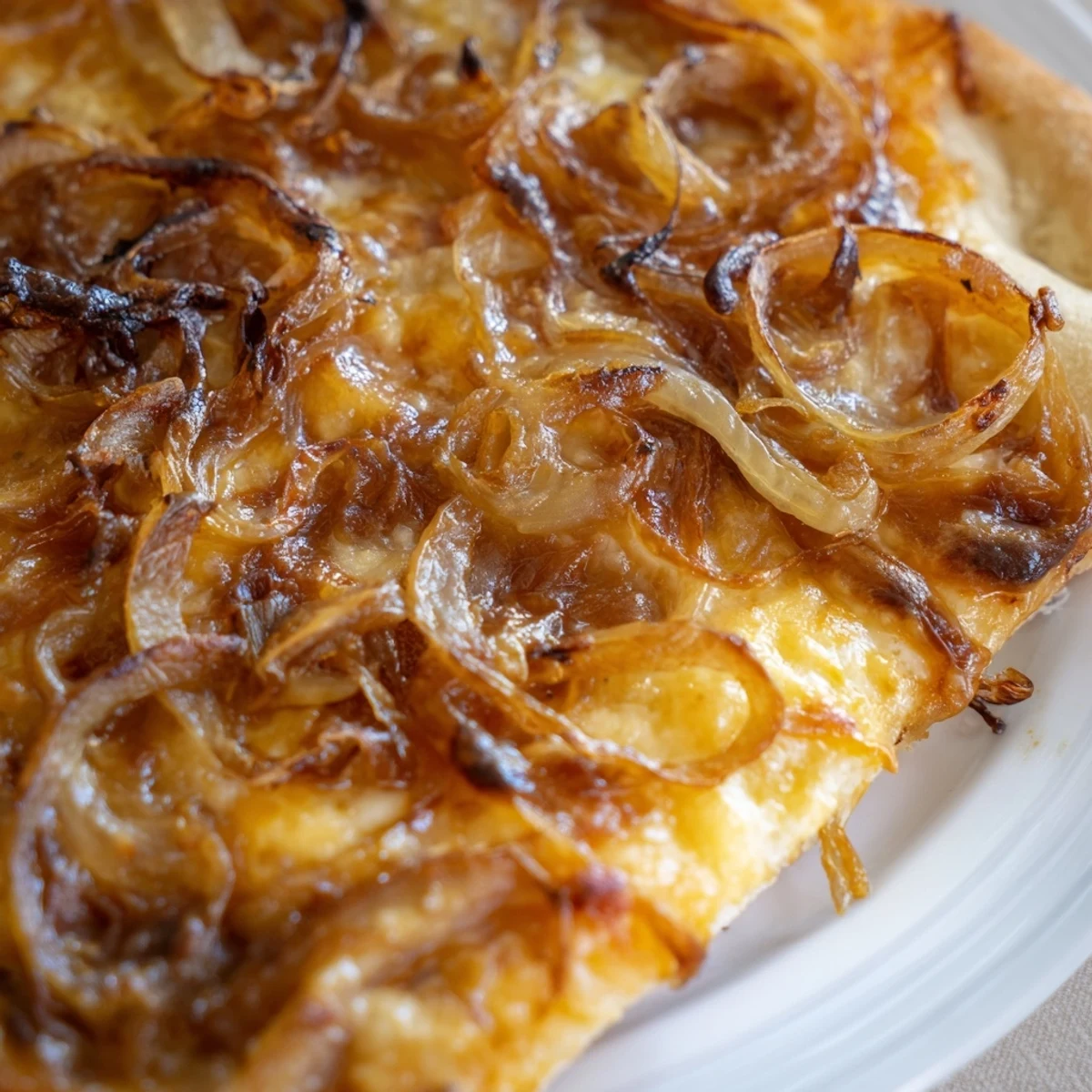 Slice of Caramelized Onion Pizza With Melty Cheese being lifted, revealing sweet onions and stretchy mozzarella under warm kitchen lighting.