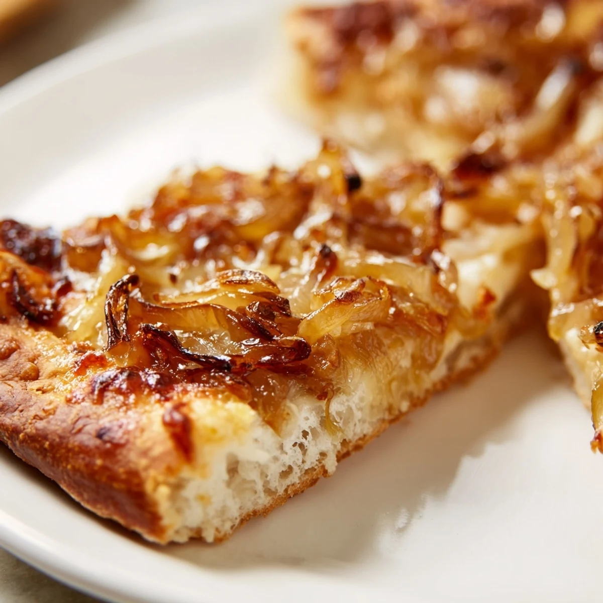 Caramelized Onion Pizza With Melty Cheese served on a rustic plate with fresh thyme, ready for a cozy vegetarian dinner.