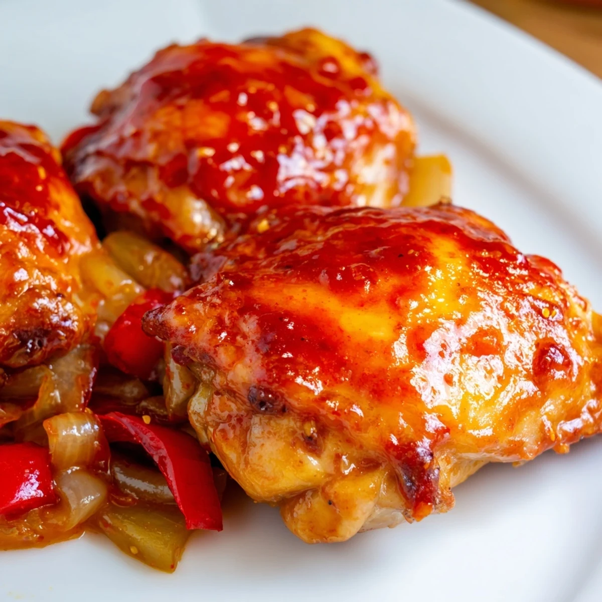 Golden-brown chicken thighs glisten with tangy-sweet Catalina Chicken braised alongside colorful peppers and onions in a rustic Dutch oven.