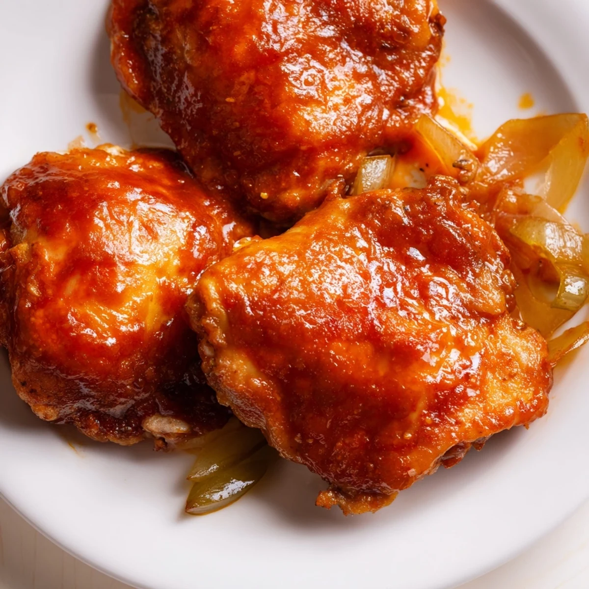 A close-up of succulent Catalina Chicken served over fluffy rice, garnished with fresh parsley and drizzled with rich, glossy sauce.