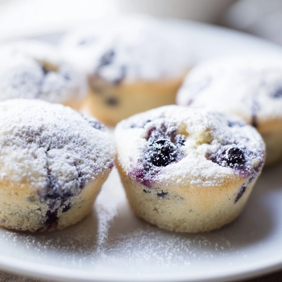 Freshly baked Lavender Blueberry Tea Cakes dusted with powdered sugar sit on a rustic wooden table next to a steaming cup of Earl Grey tea, capturing a cozy afternoon treat.