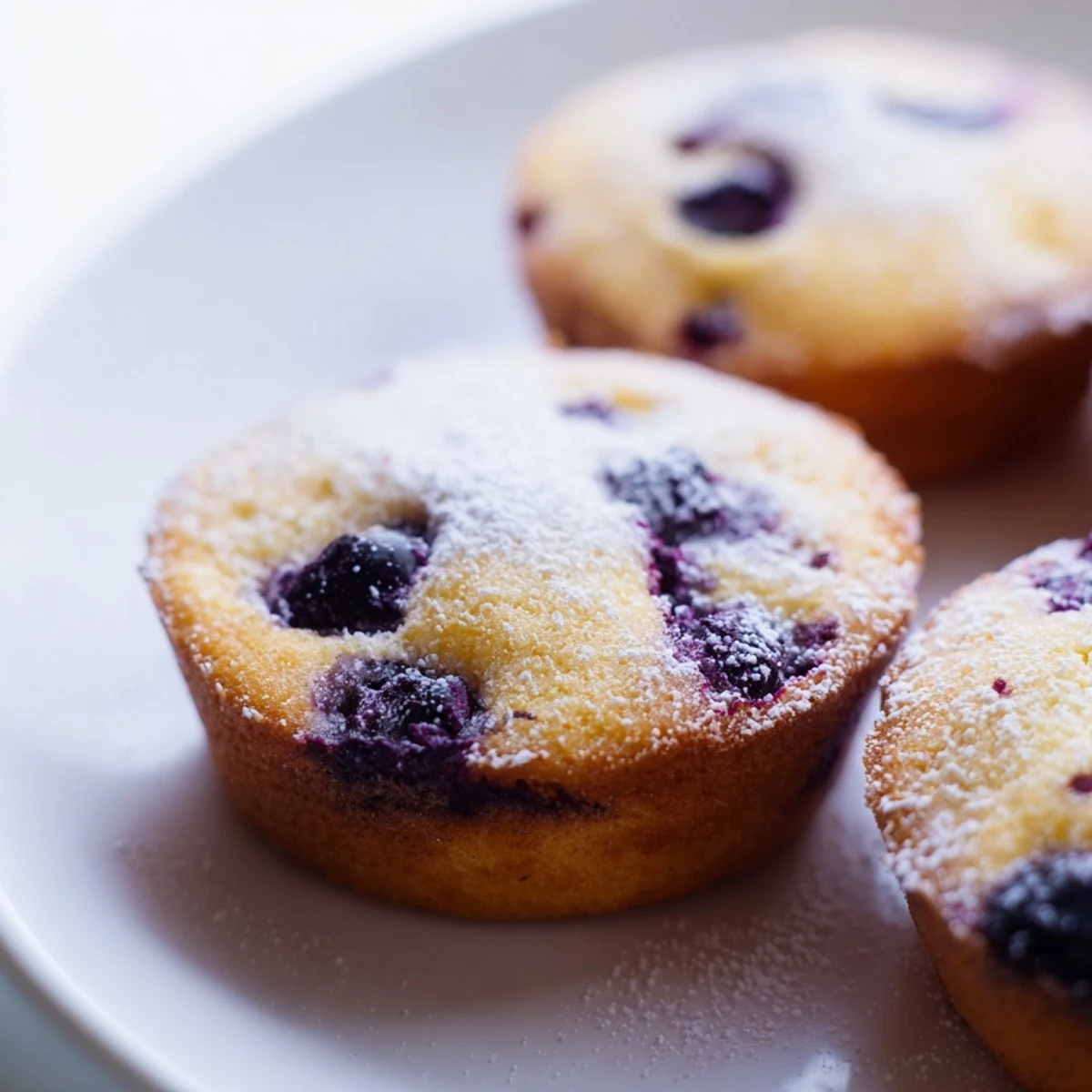 Golden mini Lavender Blueberry Tea Cakes are drizzled with lemon glaze, showcasing juicy blueberries and fragrant lavender flecks for a perfect light dessert or snack.