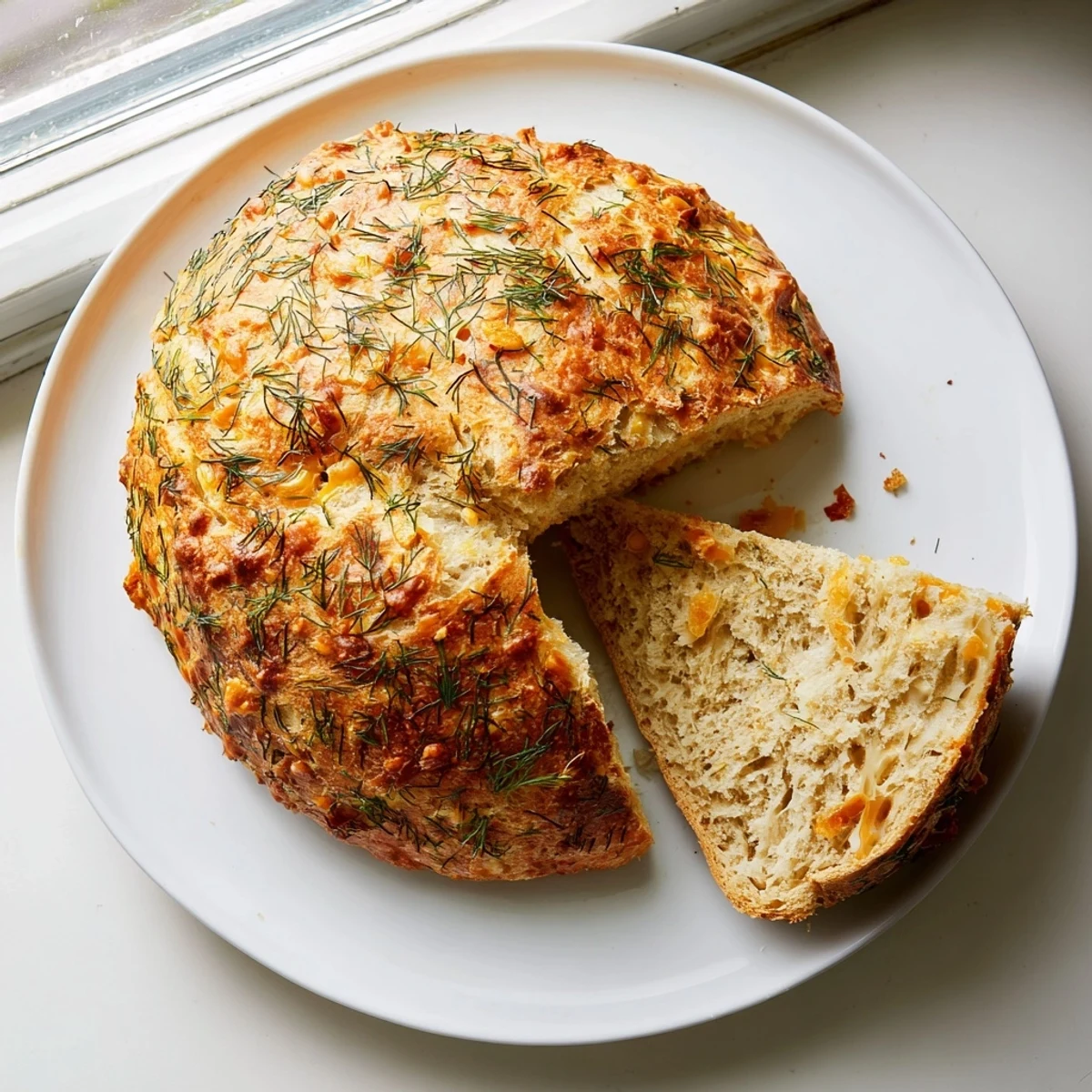 Sliced No Knead Dill Gouda Artisan Bread reveals a soft, airy crumb with melted Gouda pockets, perfect for a cozy homemade meal.