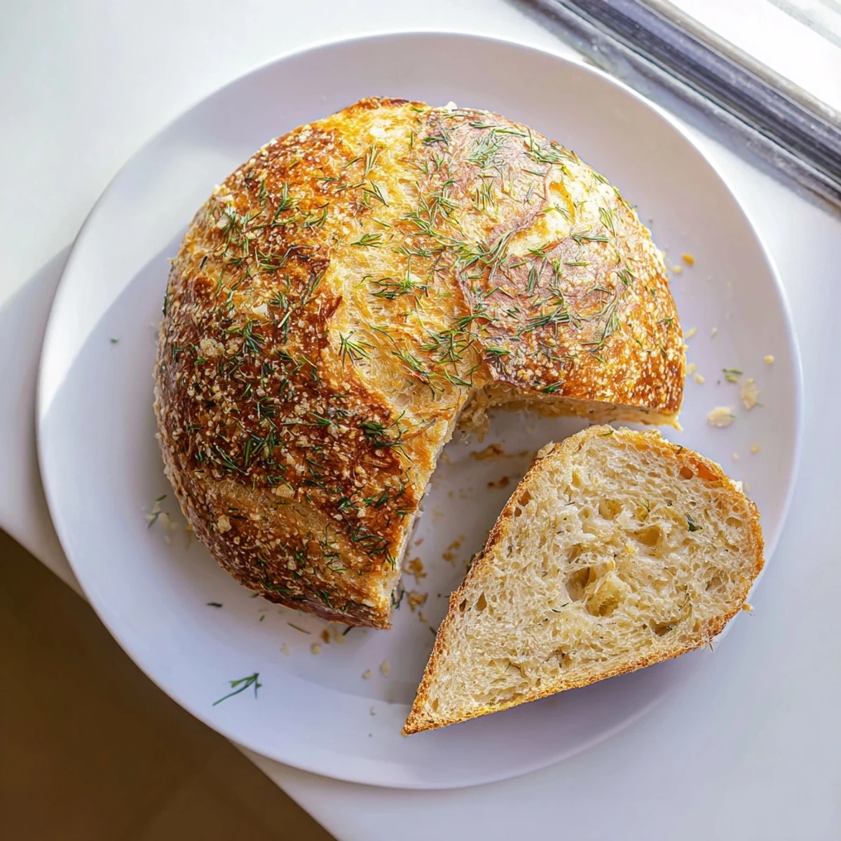 A freshly baked No Knead Dill Gouda Artisan Bread loaf with a golden, crackly crust and specks of green herbs, cooling on a rack.