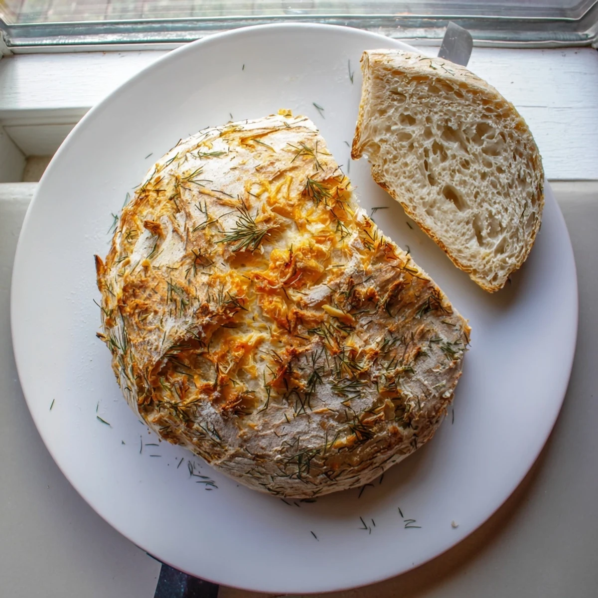 Rustic No Knead Dill Gouda Artisan Bread resting on parchment, its fragrant dill aroma inviting you to serve a slice with soup.
