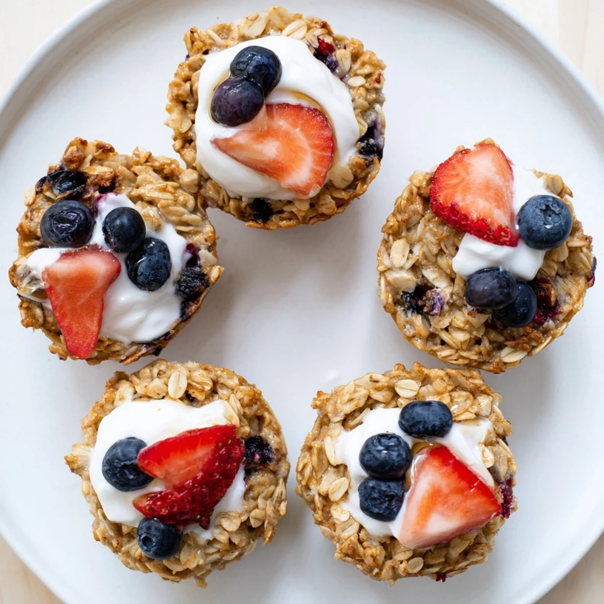 Freshly baked oatmeal cups with Greek yogurt topping, drizzled with honey and fresh berries on a rustic table.