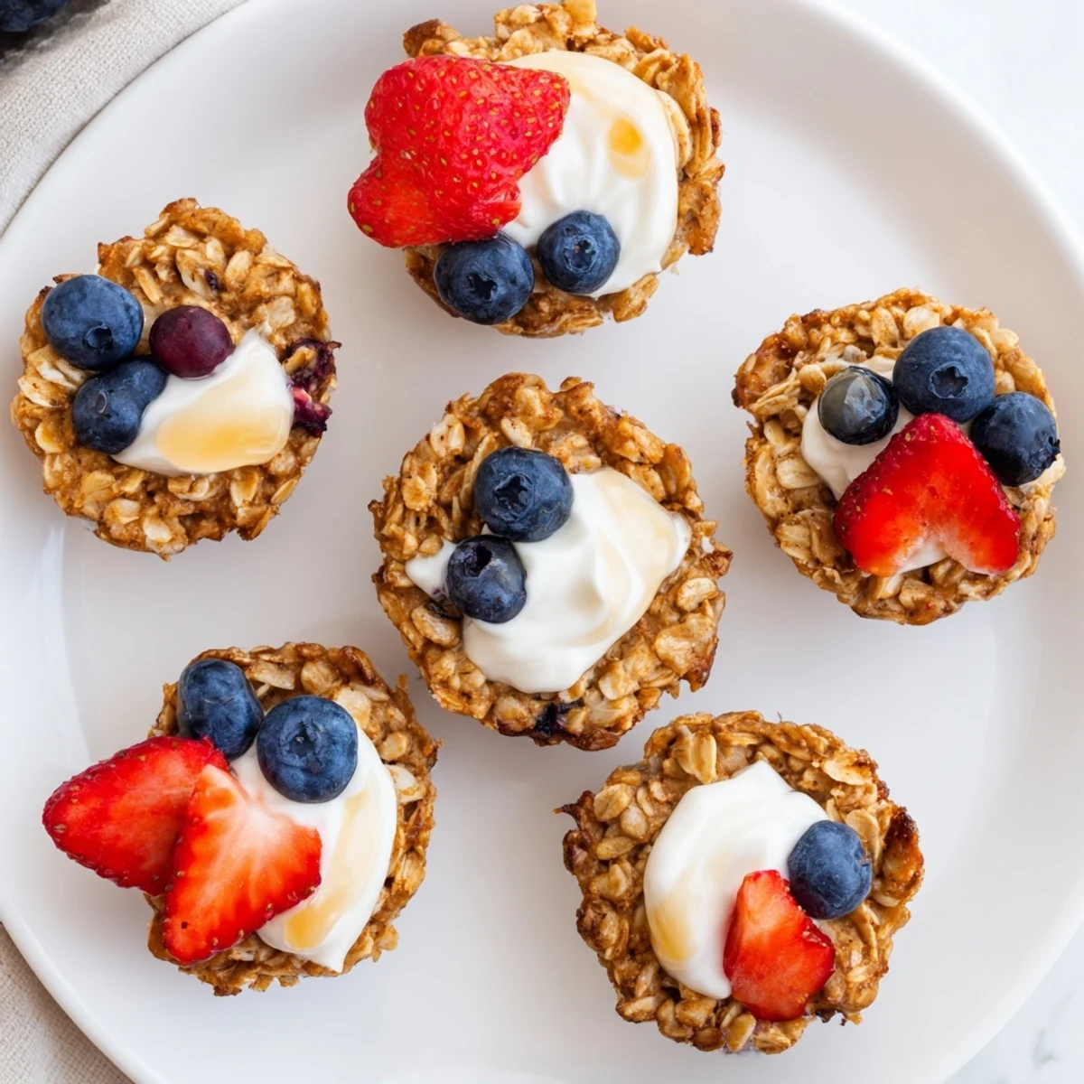 Golden baked oatmeal cups topped with sweet Greek yogurt and vibrant berries, perfect for a healthy American breakfast.