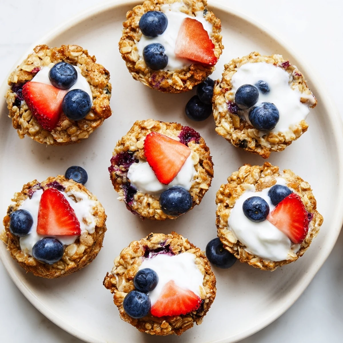 Baked Oatmeal Cups with Greek Yogurt are stacked on a cooling rack with a creamy dollop garnish.