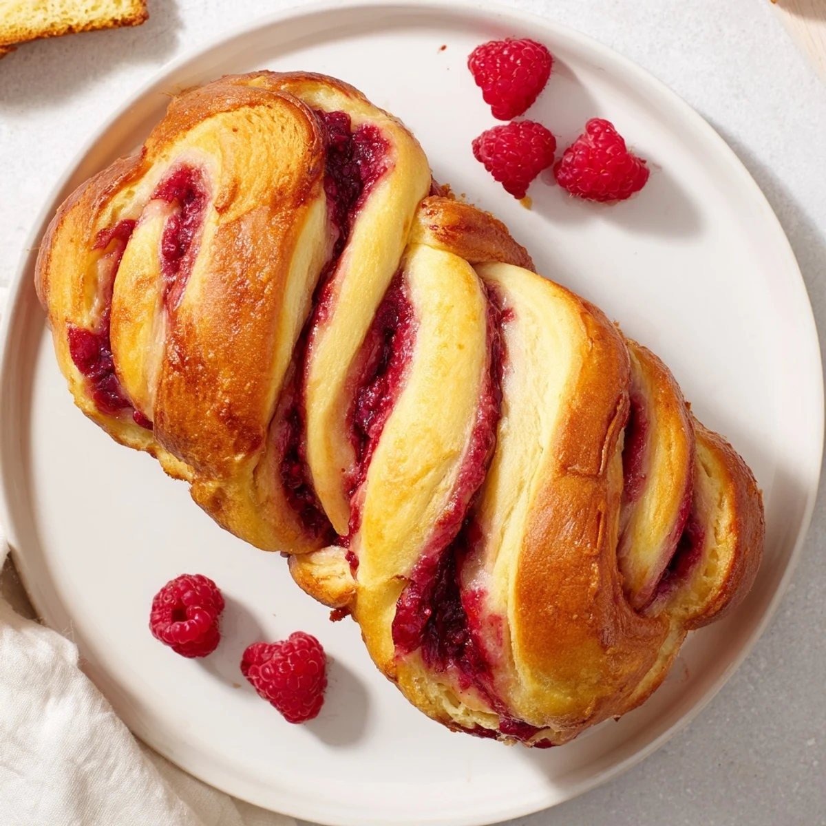 Freshly baked Raspberry Swirl Brioche Loaf with golden crust and visible red berry jam filling.