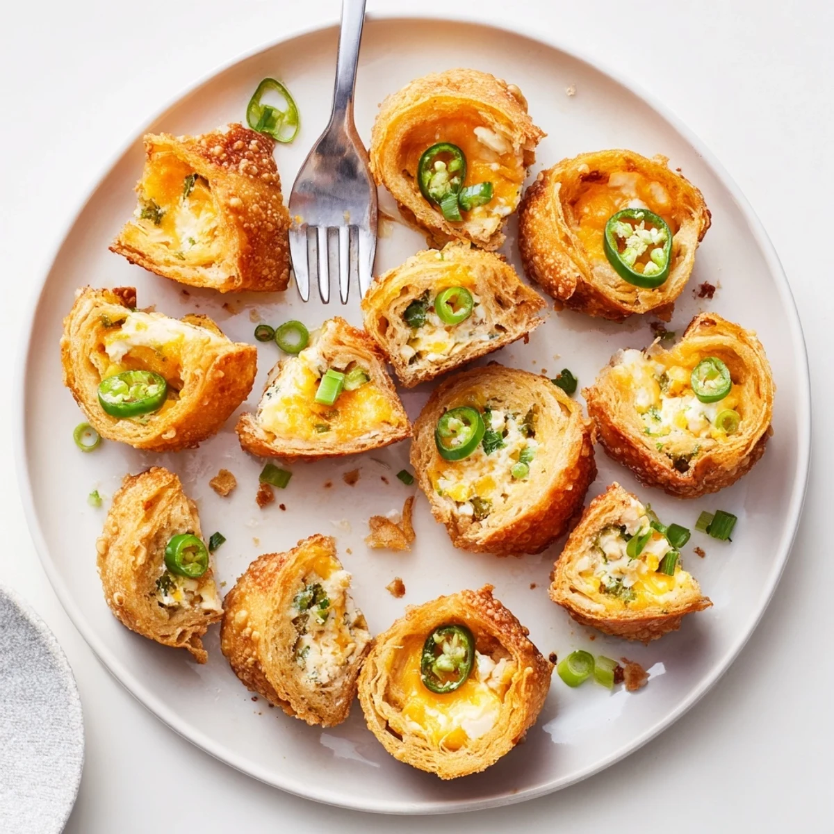 Crispy Mini Jalapeño Popper Egg Rolls showing spicy jalapeño bits in a golden wrapper.  