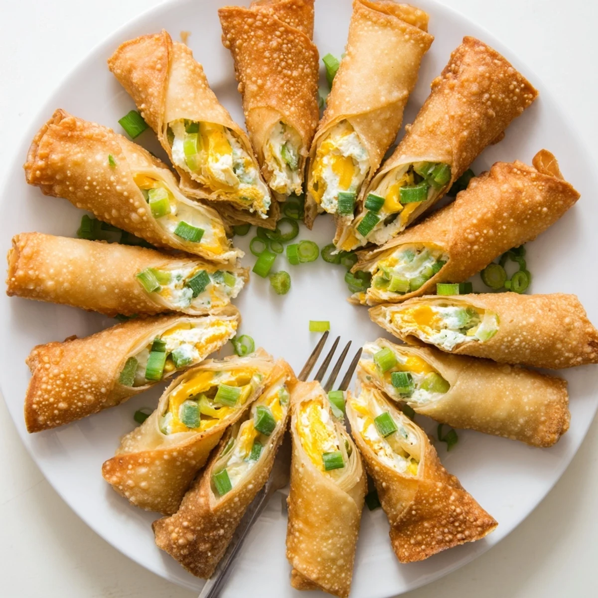 Golden-brown Mini Jalapeño Popper Egg Rolls arranged on a platter with creamy ranch dip.  