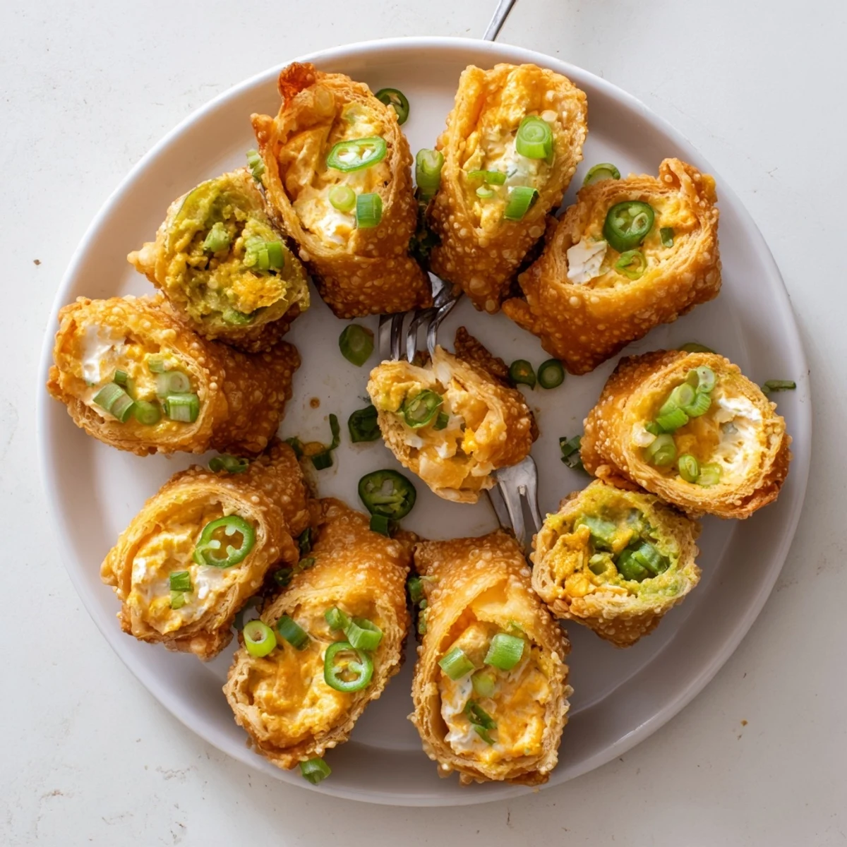 Freshly fried Mini Jalapeño Popper Egg Rolls cooling on a wire rack, ready to serve.
