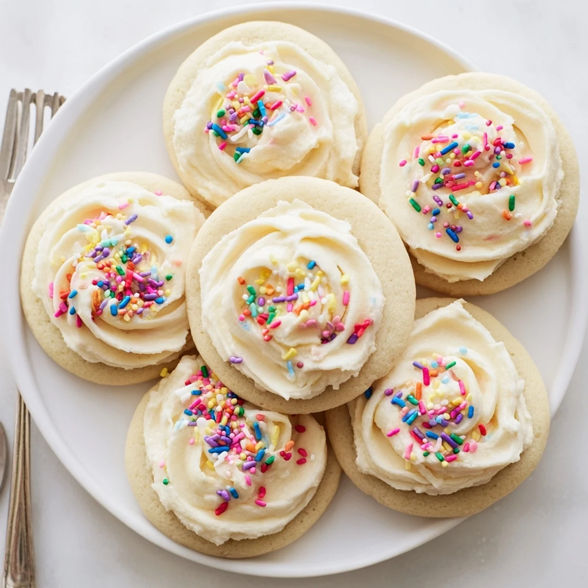 Close-up of Walmart-Style Sugar Cookies with Buttercream Frosting, showing soft round edges and fluffy white frosting swirls on a white plate.