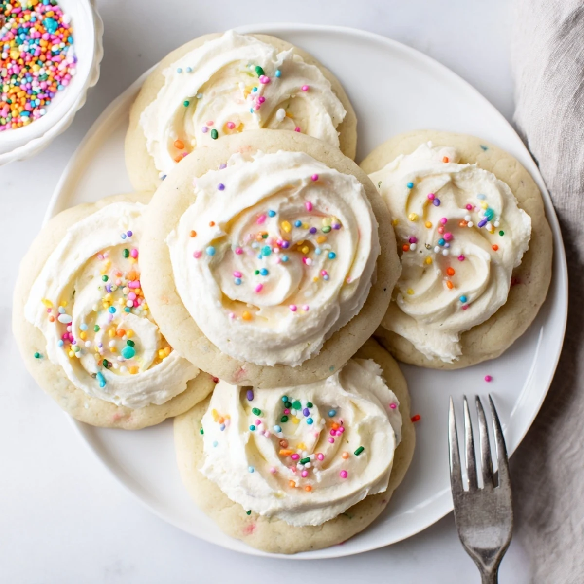 A stack of Walmart-Style Sugar Cookies with Buttercream Frosting, with colorful sprinkles on top, perfect for parties or sweet homemade treats.