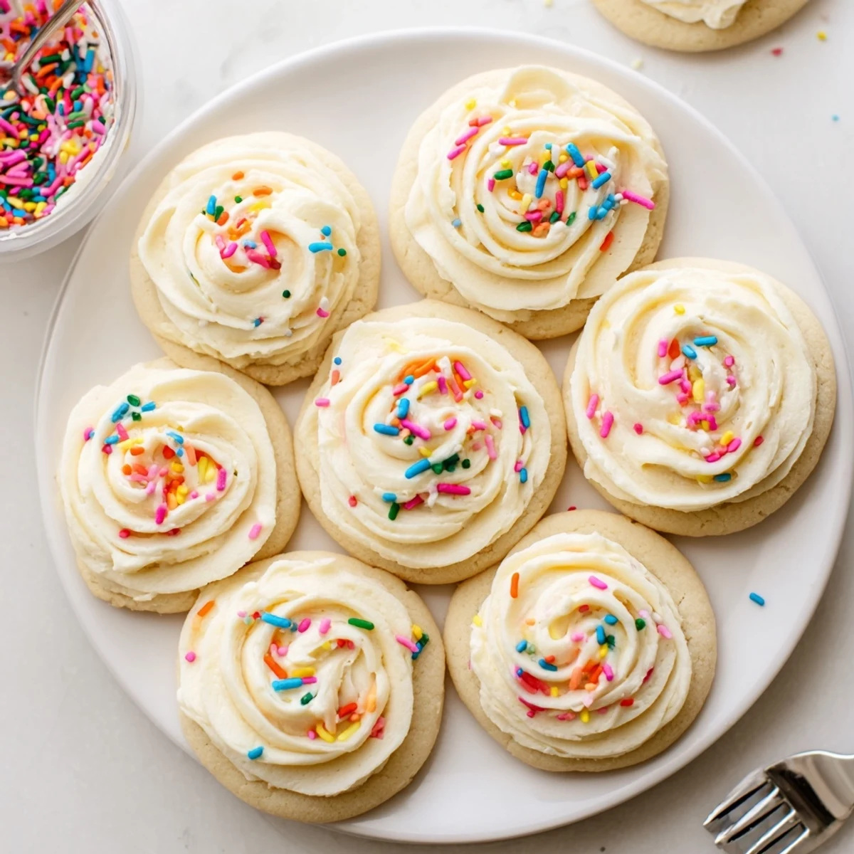Freshly baked Walmart-Style Sugar Cookies with Buttercream Frosting arranged on a cooling rack beside a glass of milk for serving.