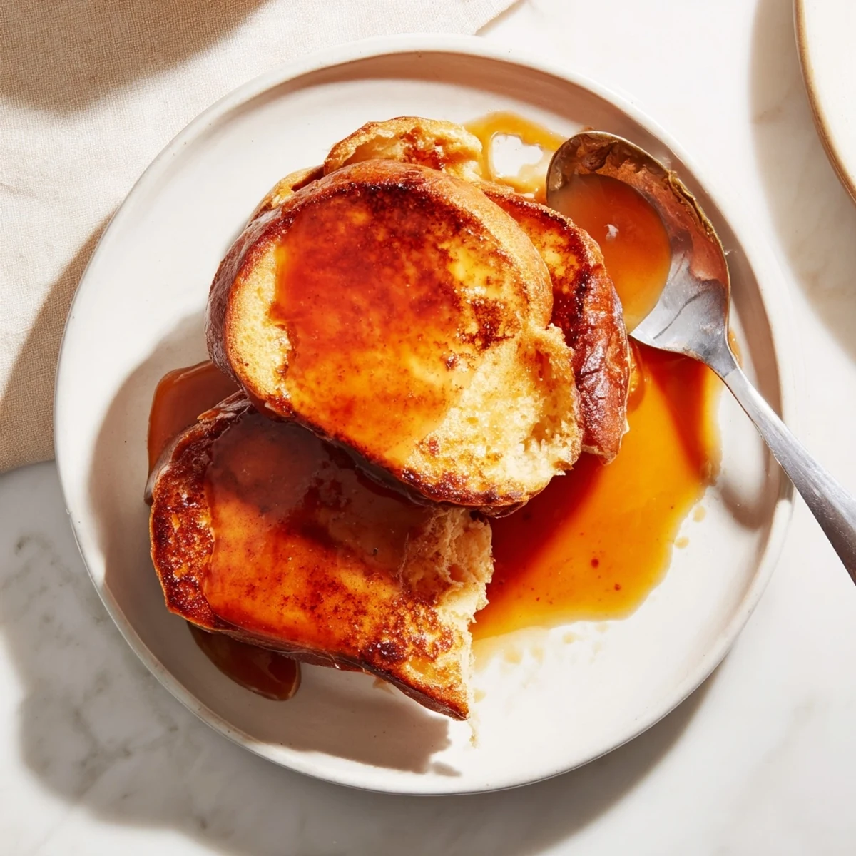 A warm slice of Crème Brûlée French Toast topped with a crackly sugar crust beside a cup of coffee.