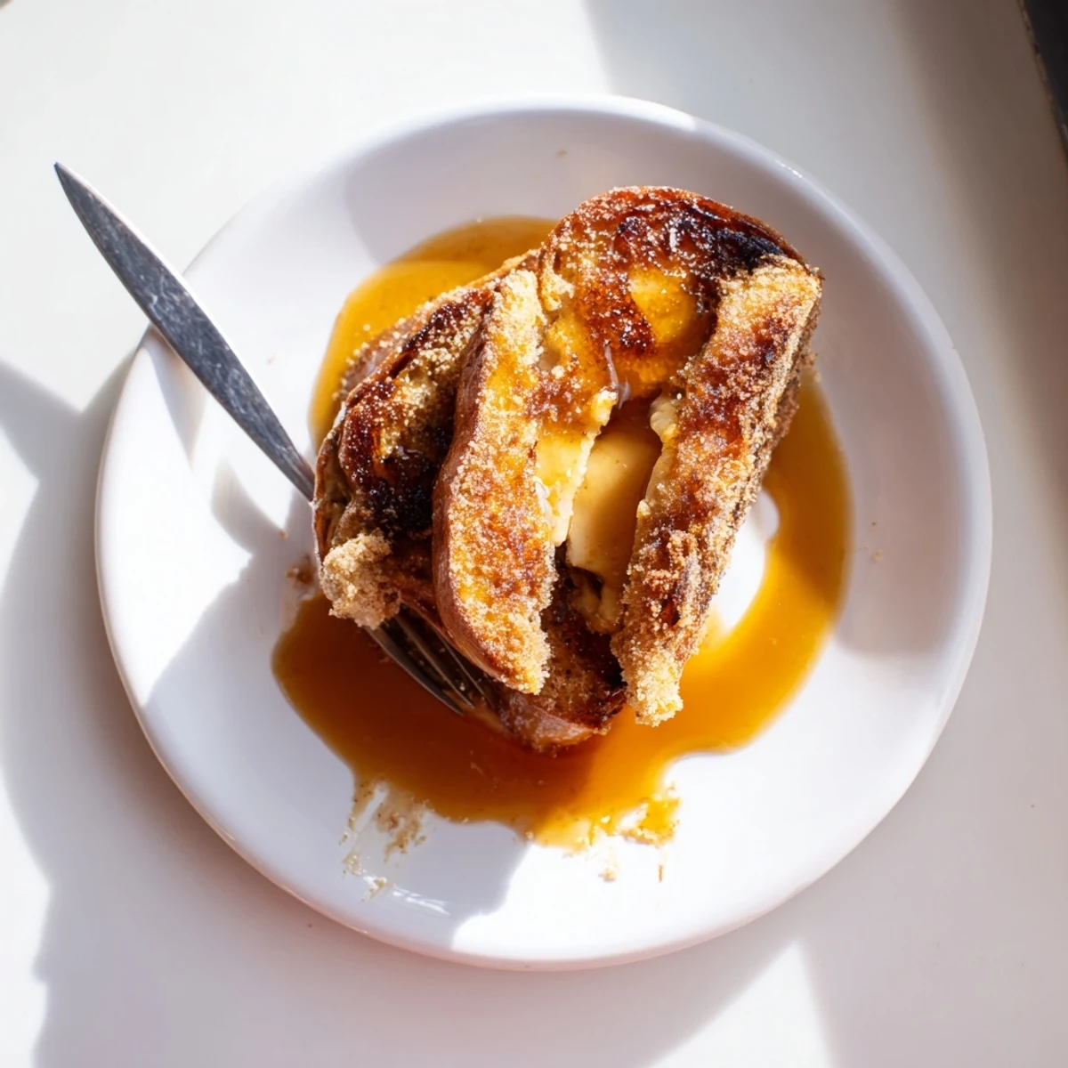 Golden, caramelized Crème Brûlée French Toast slices glistening on a white plate with fresh berries nearby.