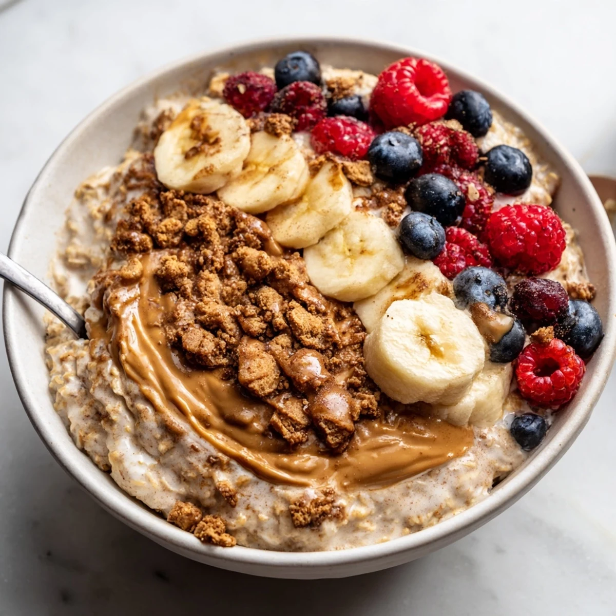 Quick Biscoff overnight oats with Greek yogurt and milk, garnished with cookies and berries for a sweet treat.