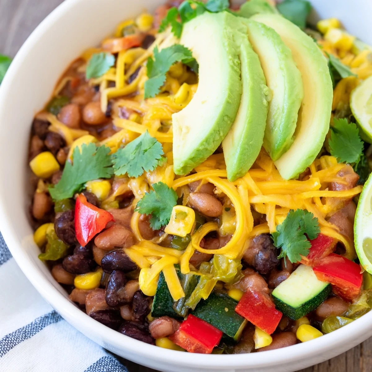 Southwest Spice Green Chile Bowl topped with melted cheese and avocado slices on a rustic table.