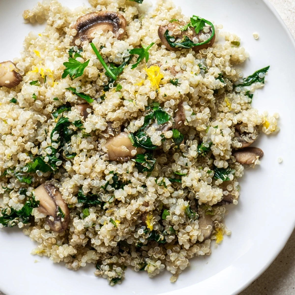 A steaming skillet of Garlicky Mushroom Quinoa shows sautéed mushrooms, garlic, and spinach for a quick, protein-packed vegetarian dinner.