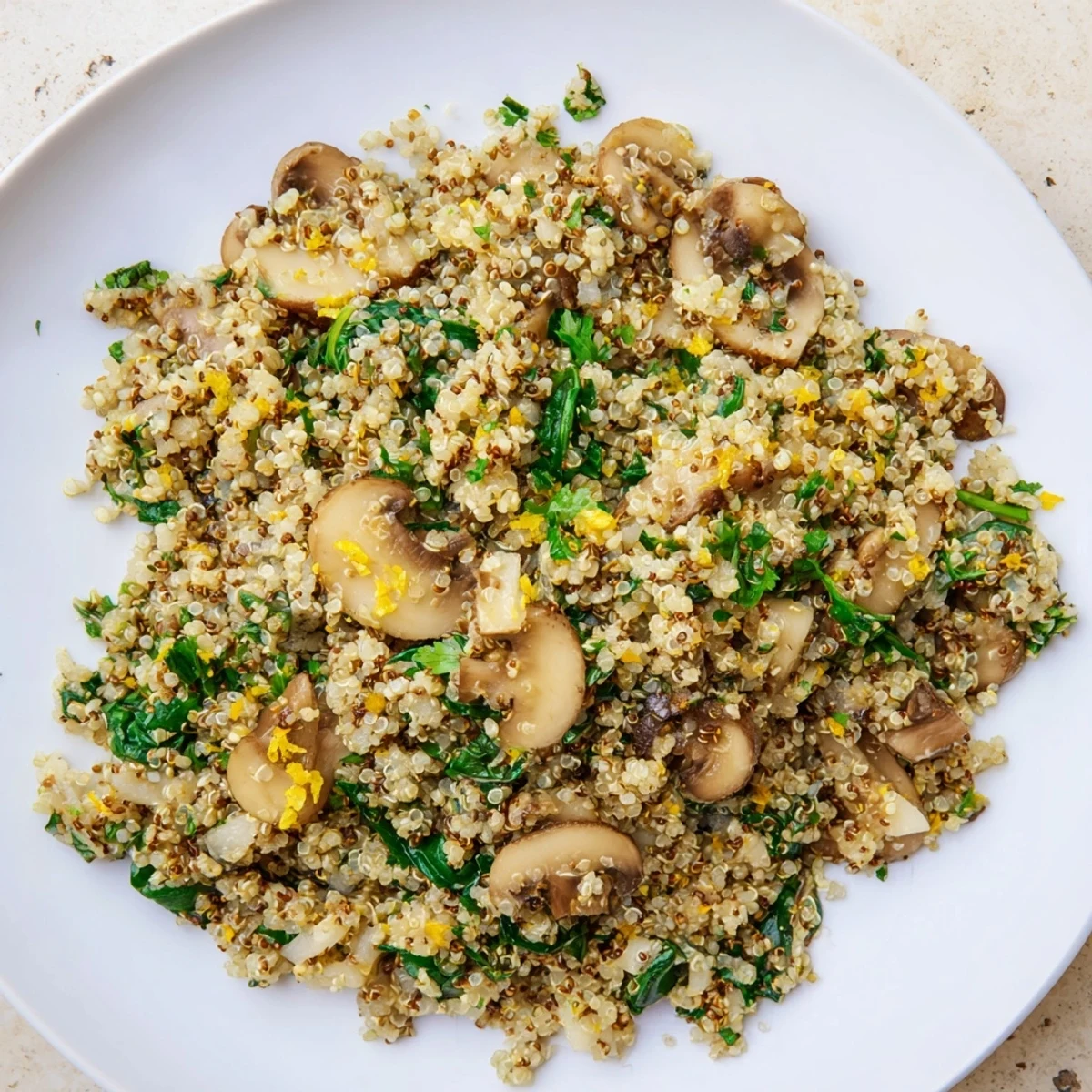 Garlicky Mushroom Quinoa served in a rustic ceramic bowl with a lemon wedge, showcasing savory flavors for a gluten-free main dish.