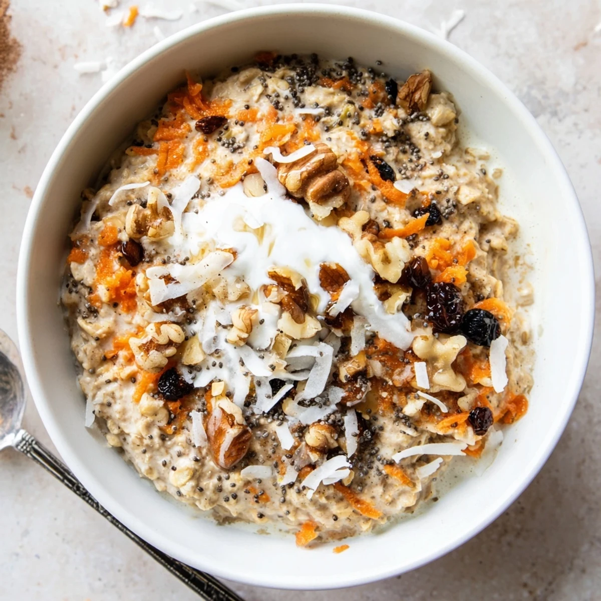 Creamy carrot cake overnight oats in a glass jar, layered with shredded carrots and chopped walnuts for a hearty American breakfast.