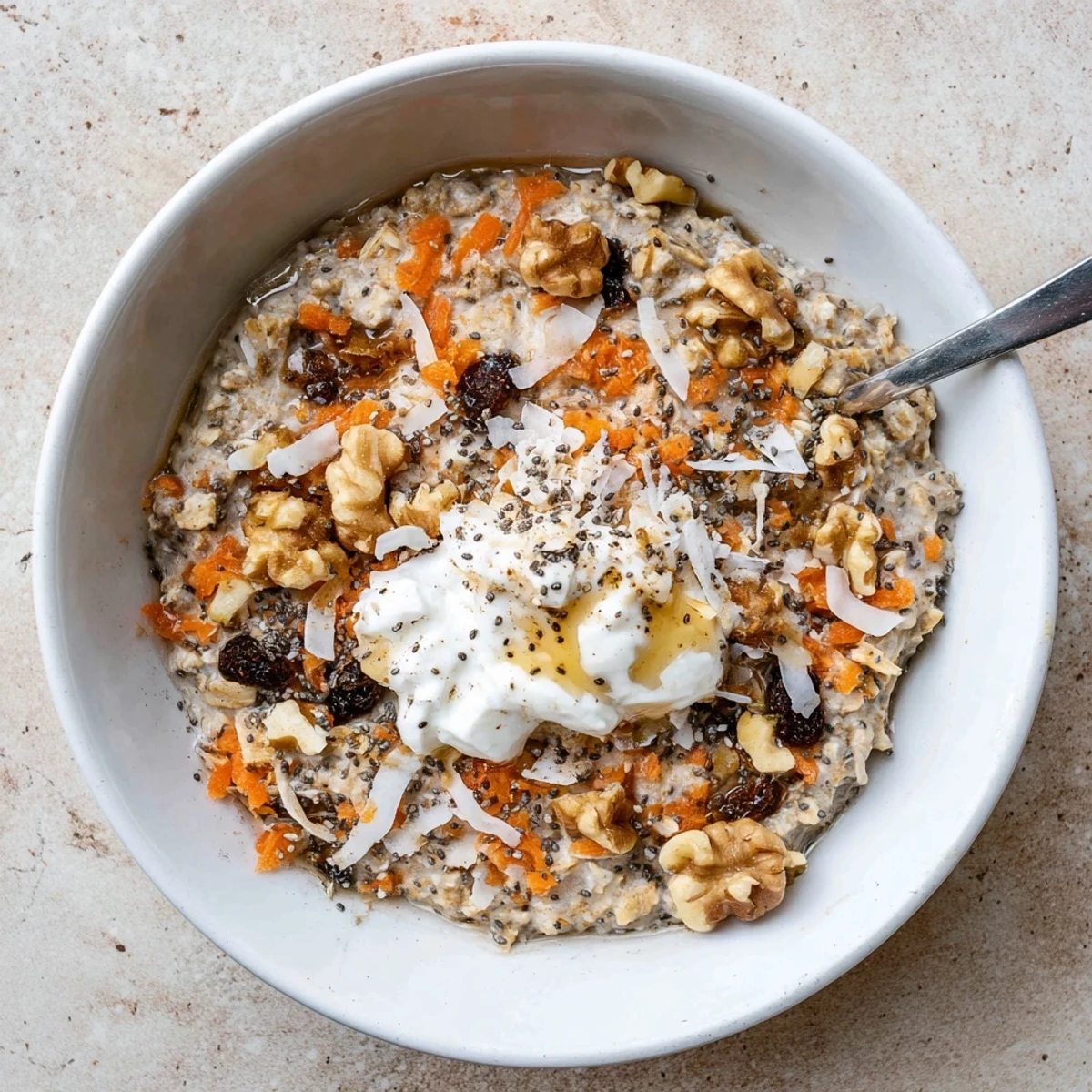 Close-up of carrot cake overnight oats in a bowl, swirled with maple syrup and crunchy pecans for a satisfying vegetarian morning meal.