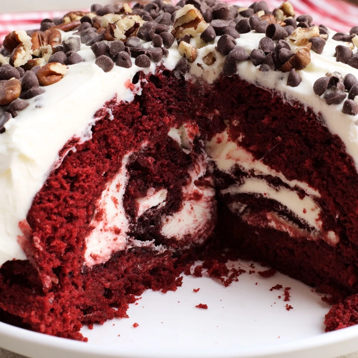 A slice of Red Velvet Earthquake Cake shows a rich red crumb swirled with cream cheese frosting and melted chocolate chips.