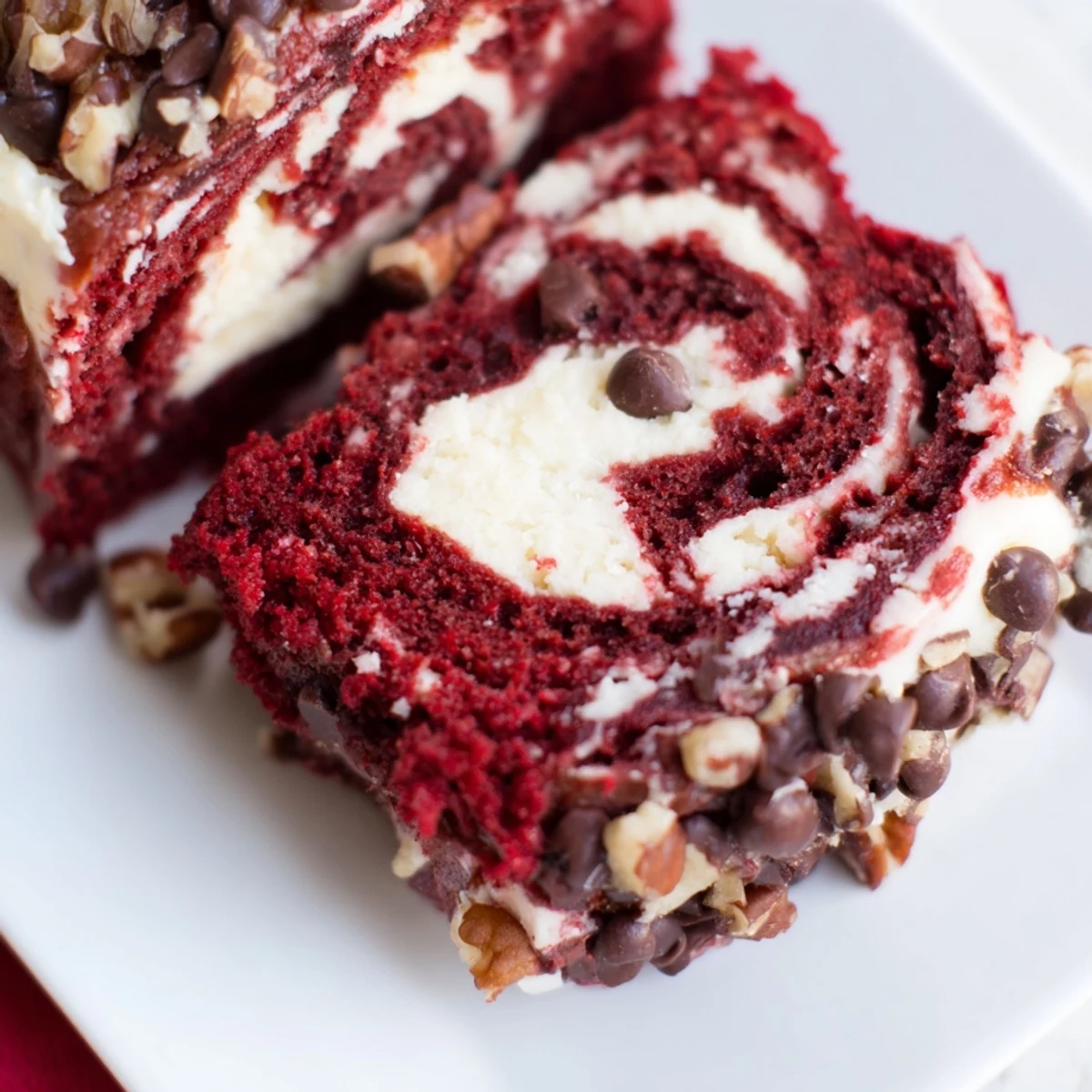 Fresh Red Velvet Earthquake Cake on a rustic plate, topped with chopped pecans and coconut flakes, ready to serve warm.