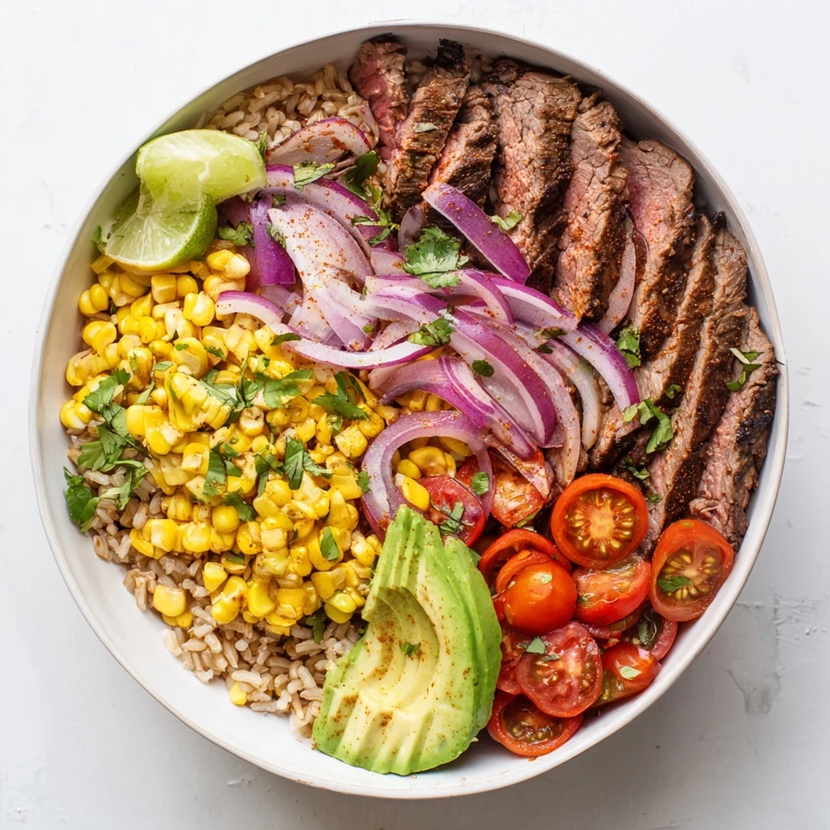 Steak Avocado Roasted Corn Bowl features roasted corn, brown rice, and zesty lime drizzle.