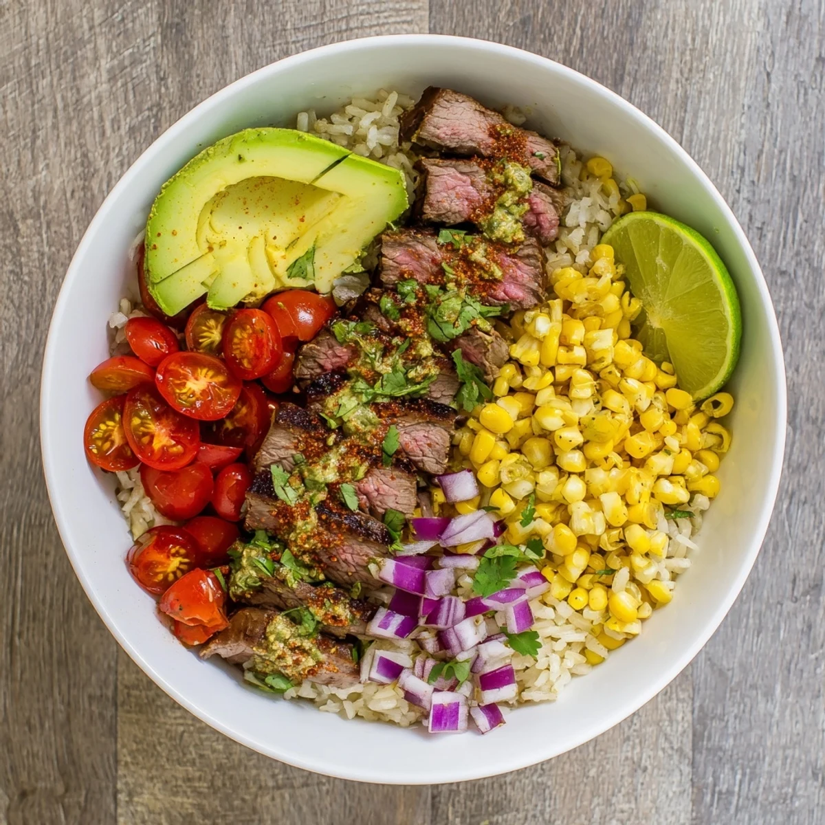 Colorful bowl of sliced steak, avocado, roasted corn, and cilantro with lime wedges on side.