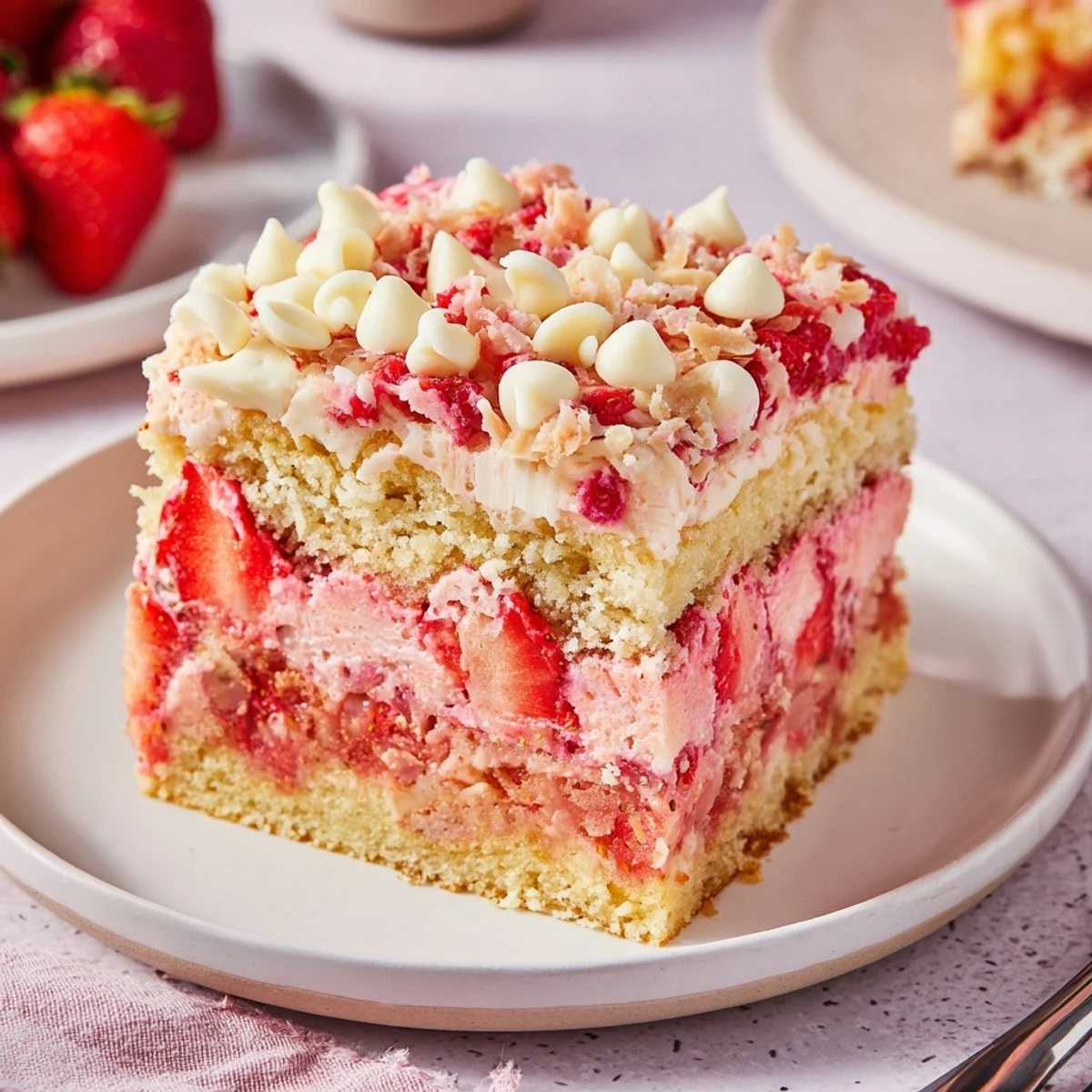A slice of moist Strawberry Earthquake Cake with a creamy cheesecake swirl and fresh strawberry chunks.