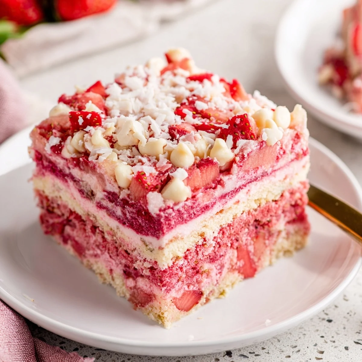 Fresh strawberries and white chocolate chips highlight this Strawberry Earthquake Cake, served warm on a dessert plate.