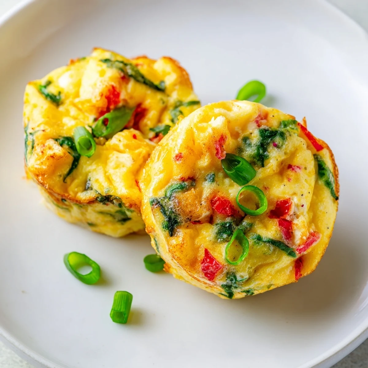 Golden-brown Egg Muffins with Spinach and Feta sit on a white ceramic plate, garnished with fresh herbs.