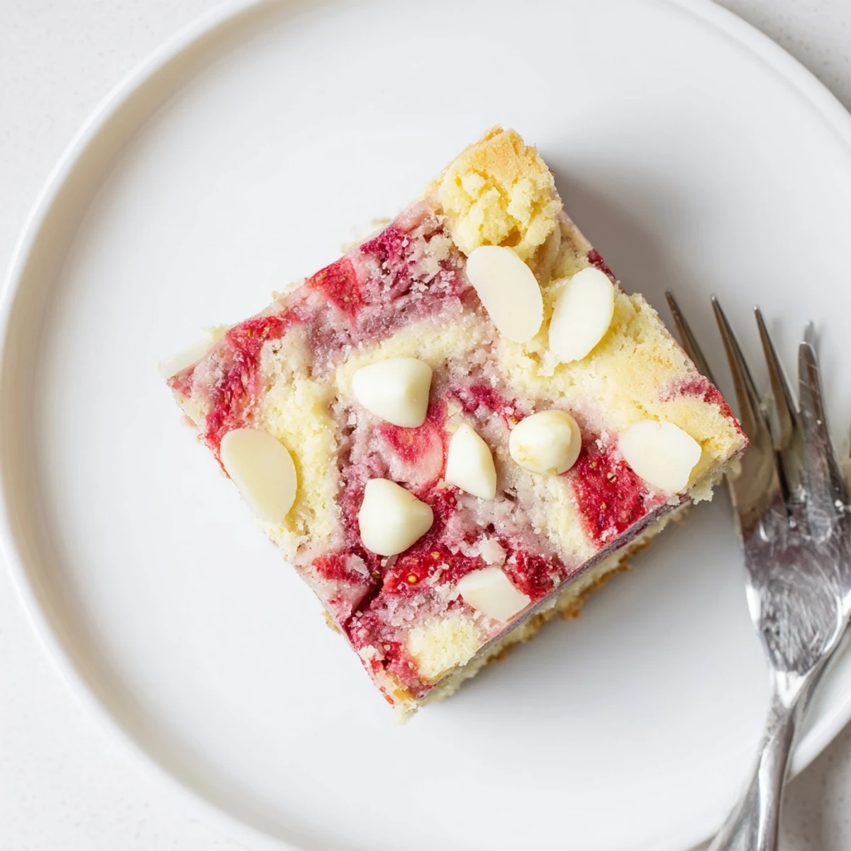 The Irresistible Strawberry Earthquake Cake That Steals The Show is topped with white chocolate chips and sliced almonds on a rustic kitchen counter.