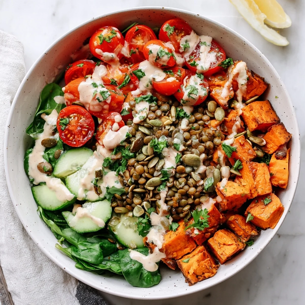 Close-up of the Healthy Lunch Sweet Potato Lentil Bowl with zesty tahini drizzle, cucumber, cherry tomatoes, and crunchy pepitas.