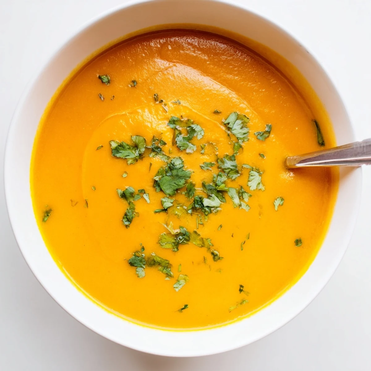 A bowl of creamy carrot and coriander soup garnished with fresh herbs and served with golden Parmesan toasts.