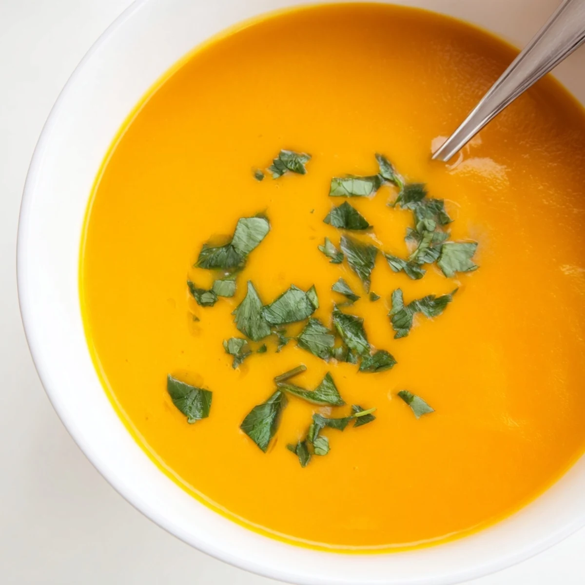 Silky, bright orange carrot soup topped with chopped coriander and accompanied by bubbly, crisp Parmesan bread slices.
