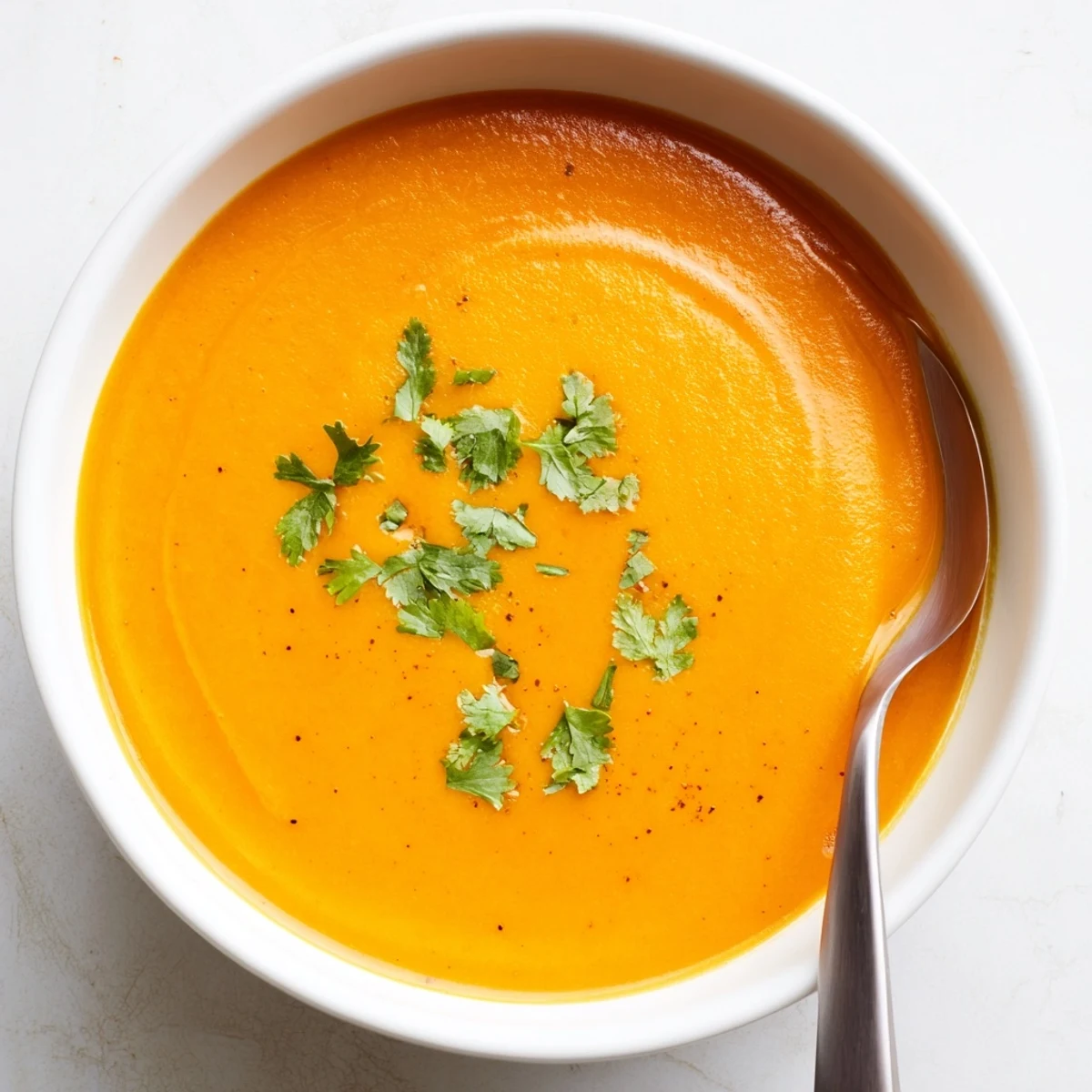 Velvety carrot and coriander soup in a white bowl with crunchy Parmesan toasts perfect for dipping on the side.