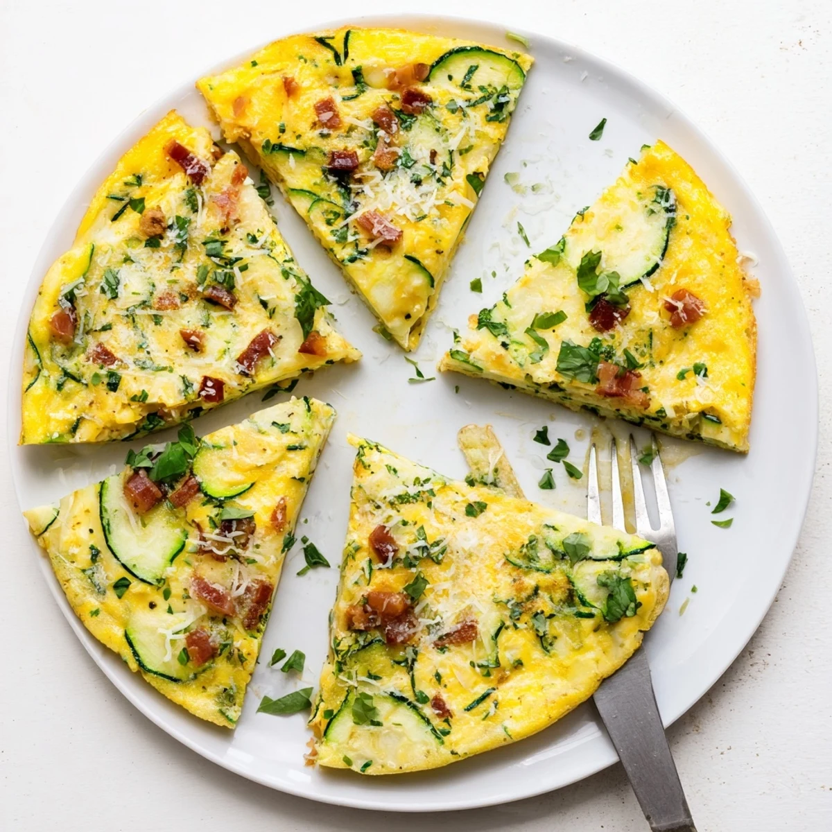 Golden slices of Zucchini Herb and Pancetta Frittata rest on a white plate, garnished with fresh herbs.