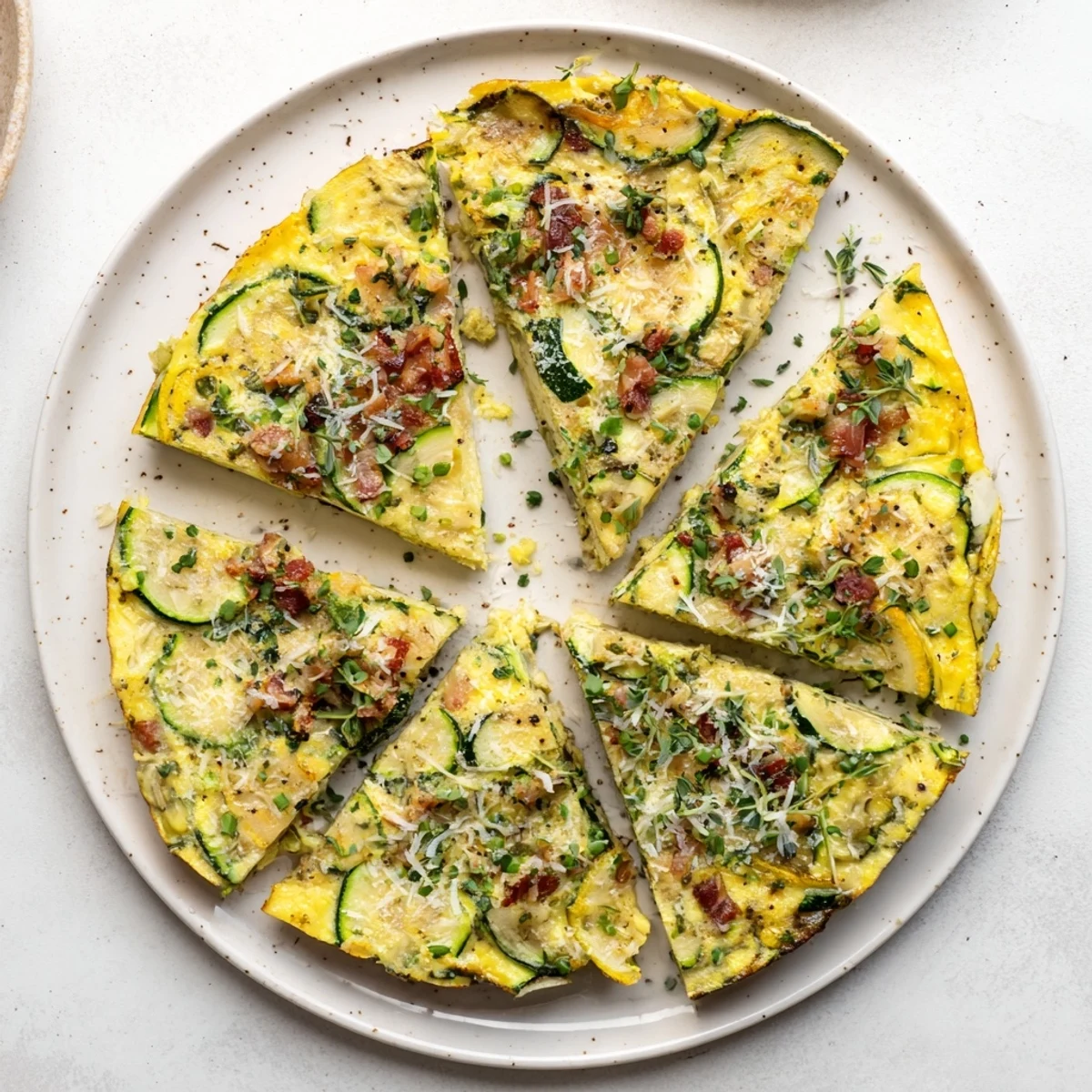 A rustic Zucchini Herb and Pancetta Frittata displays crispy pancetta pieces and tender zucchini layers on a skillet.