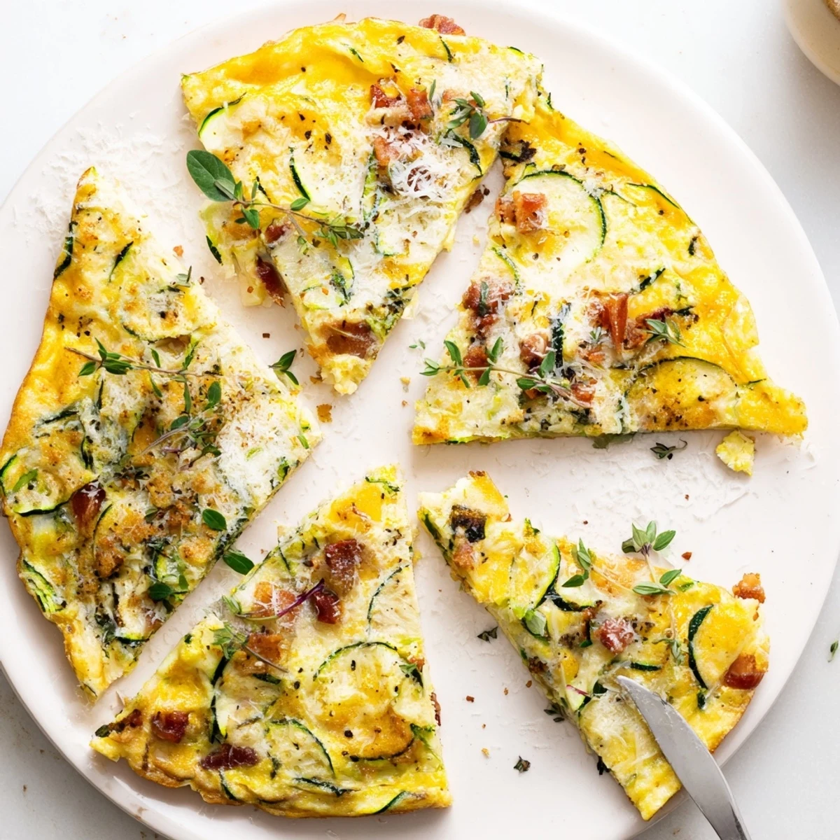 Freshly baked Zucchini Herb and Pancetta Frittata served alongside a colorful green salad and crusty artisan bread.