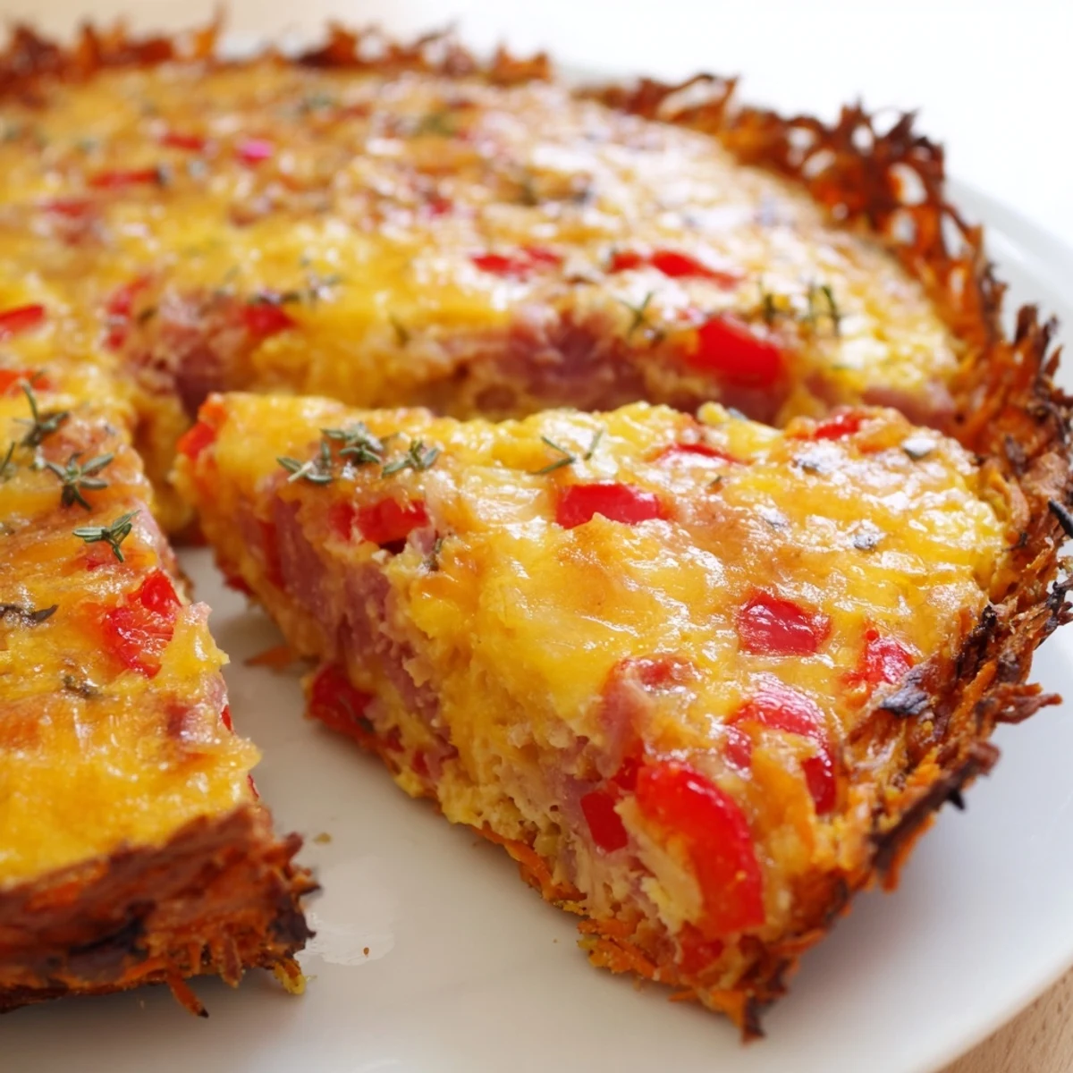 The close-up photo highlights melted cheese and smoked ham in a Red Capsicum and Ham Quiche with Sweet Potato Crust, steaming warmly.