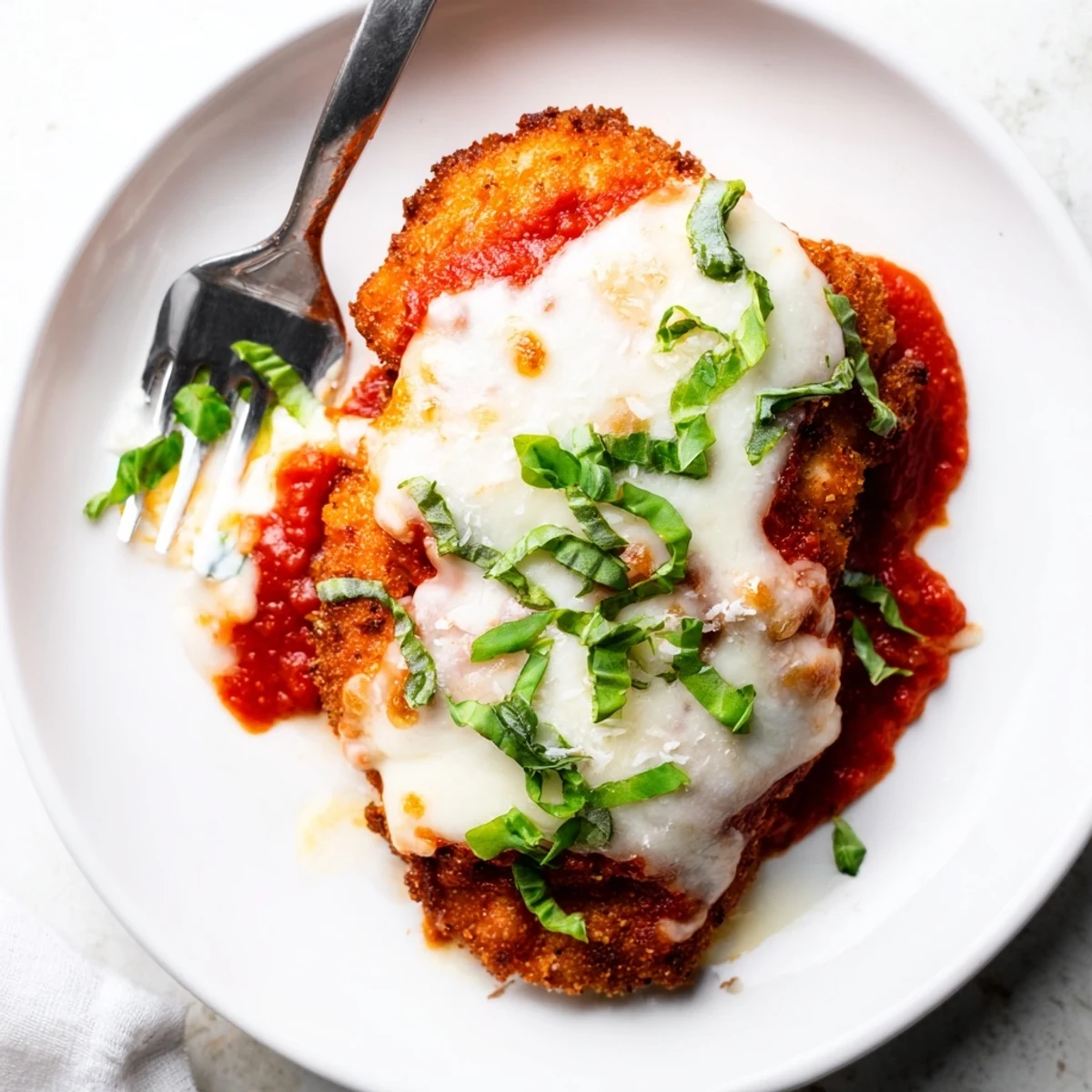 Sizzling Chicken Parmigiana emerges from the oven, featuring tender chicken smothered in marinara and melted cheese on a baking dish.