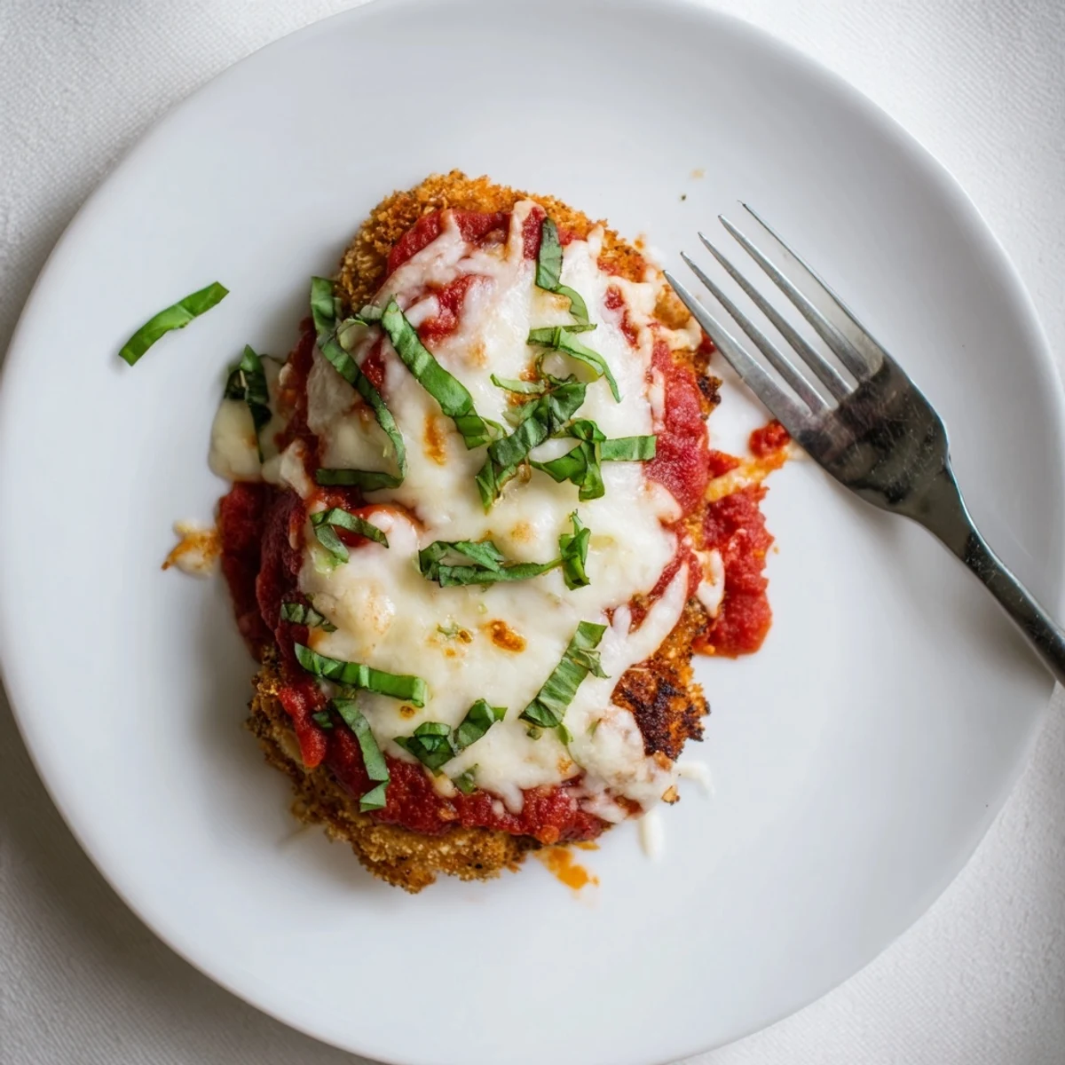A close-up view shows the crispy breaded chicken, melted cheese, and garnished with fresh basil for an Italian-American classic.
