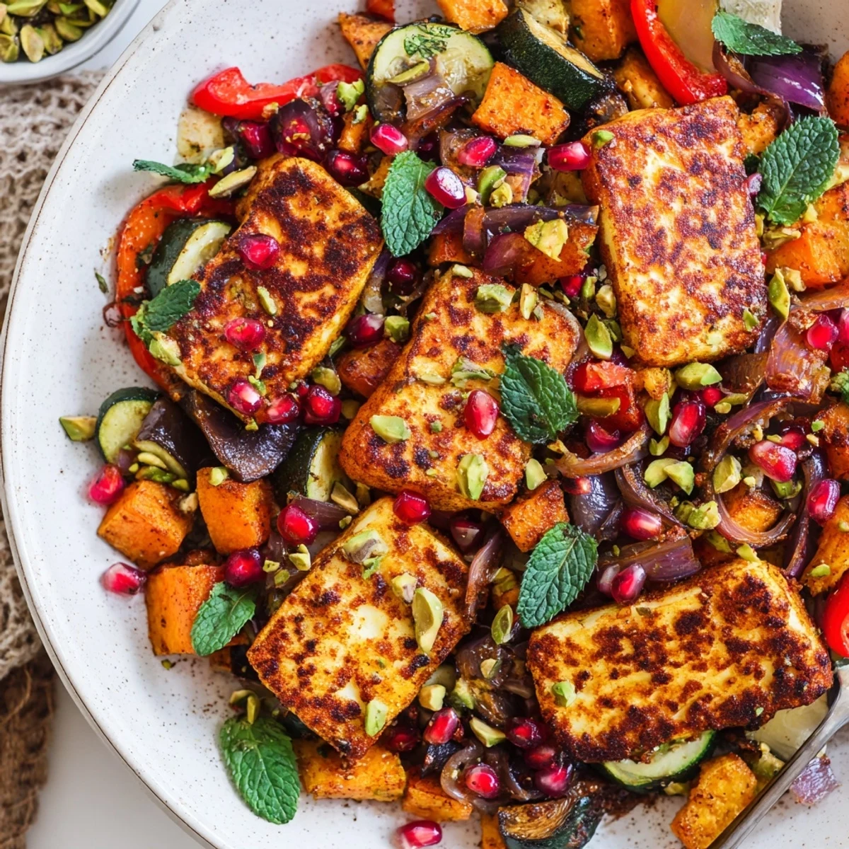 Fried haloumi slices with roasted sweet potato, eggplant, and pomegranate seeds garnished with mint on a white platter.
