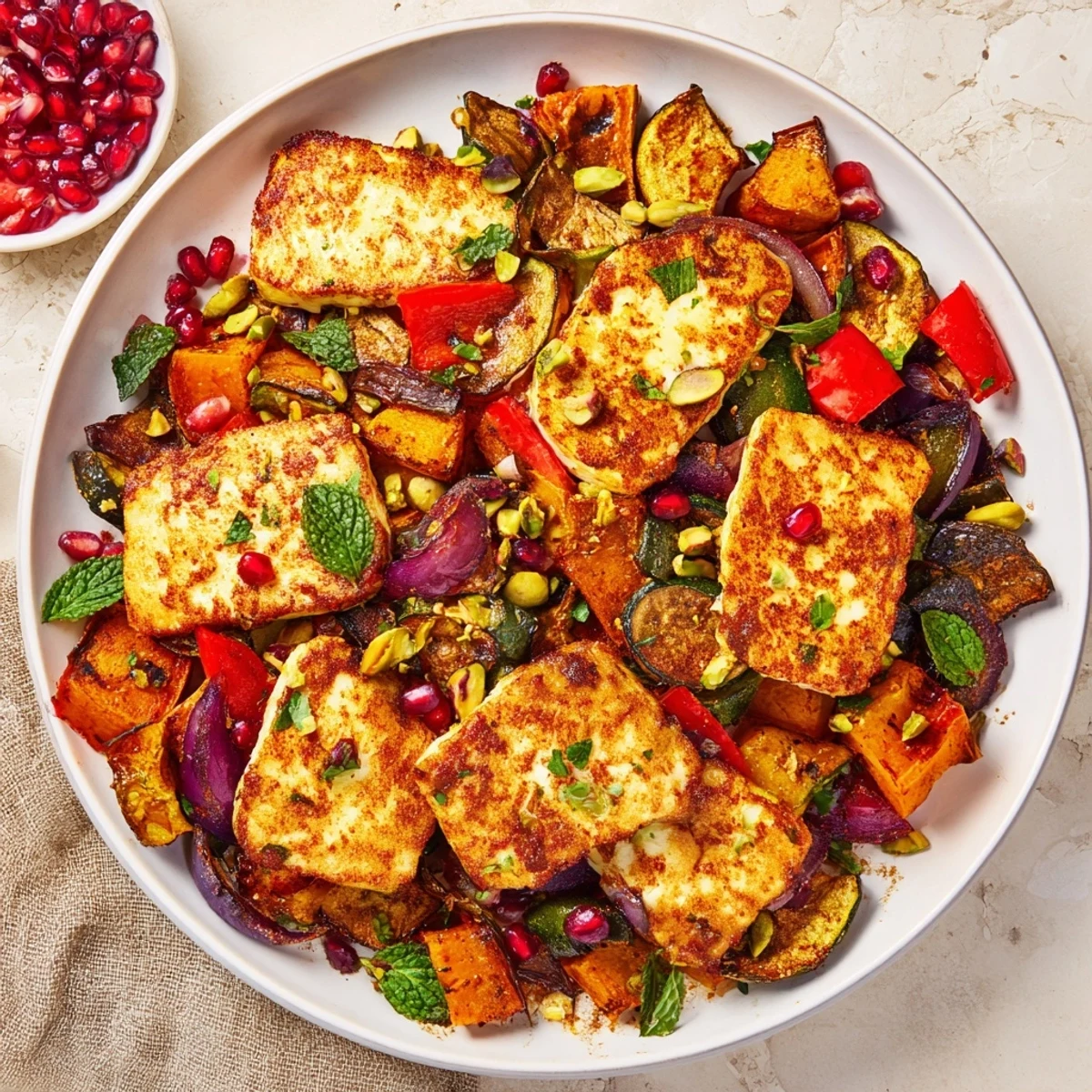 Jewelled Haloumi With Spiced Vegetable Bake showcases golden cheese, pistachios, and a warm vegetarian dinner on a plate.