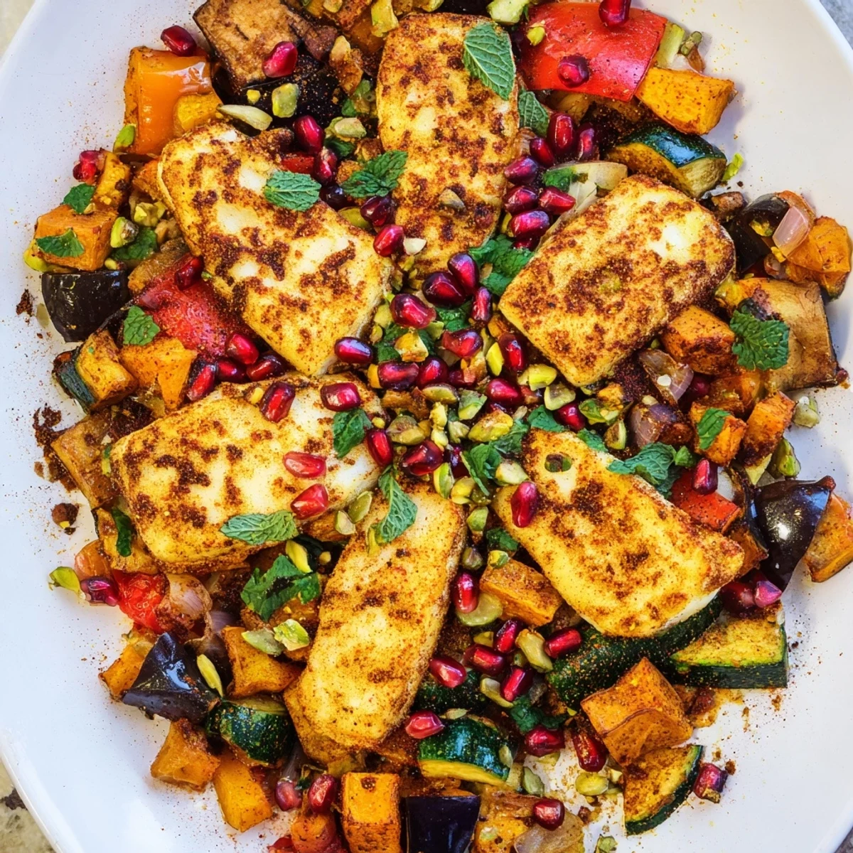 Colorful Middle Eastern-inspired Jewelled Haloumi With Spiced Vegetable Bake roasted with cumin and paprika, topped with tangy pomegranate.