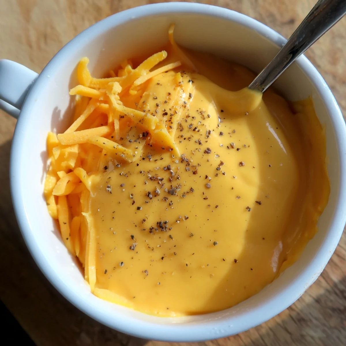 Golden Snappy Cheddar Sauce bubbling in a saucepan with a whisk resting beside it, ready to drizzle over steaming baked potatoes.