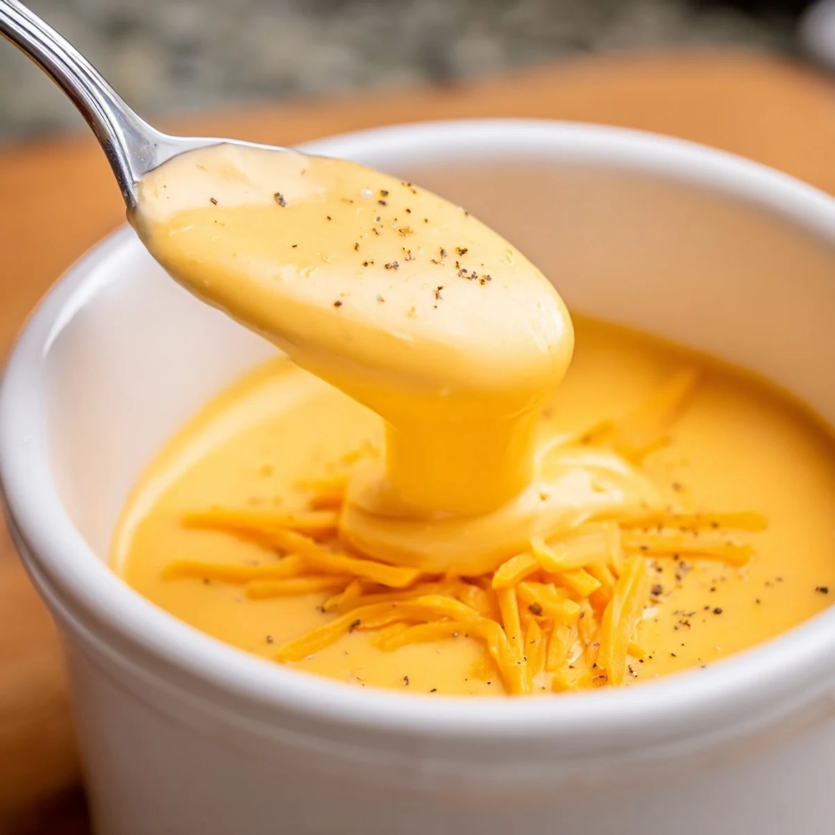 A bowl of Snappy Cheddar Sauce, its creamy texture dotted with pepper flakes, served alongside colorful roasted vegetables for dipping.